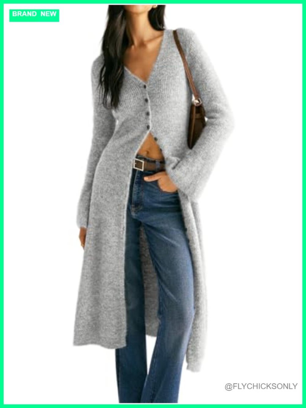 V-Neck Button Maxi Cardigan Bell Sleeve Open Front Split Sweater Dress